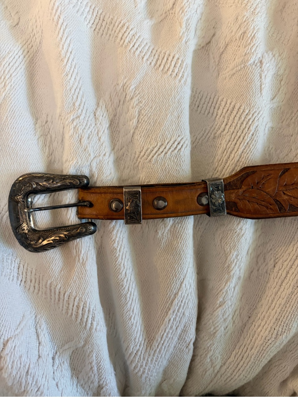 Vintage western tooled belt HIBCO 10k Sterling Silver Buckle Set carved leather - Picture 6 of 14
